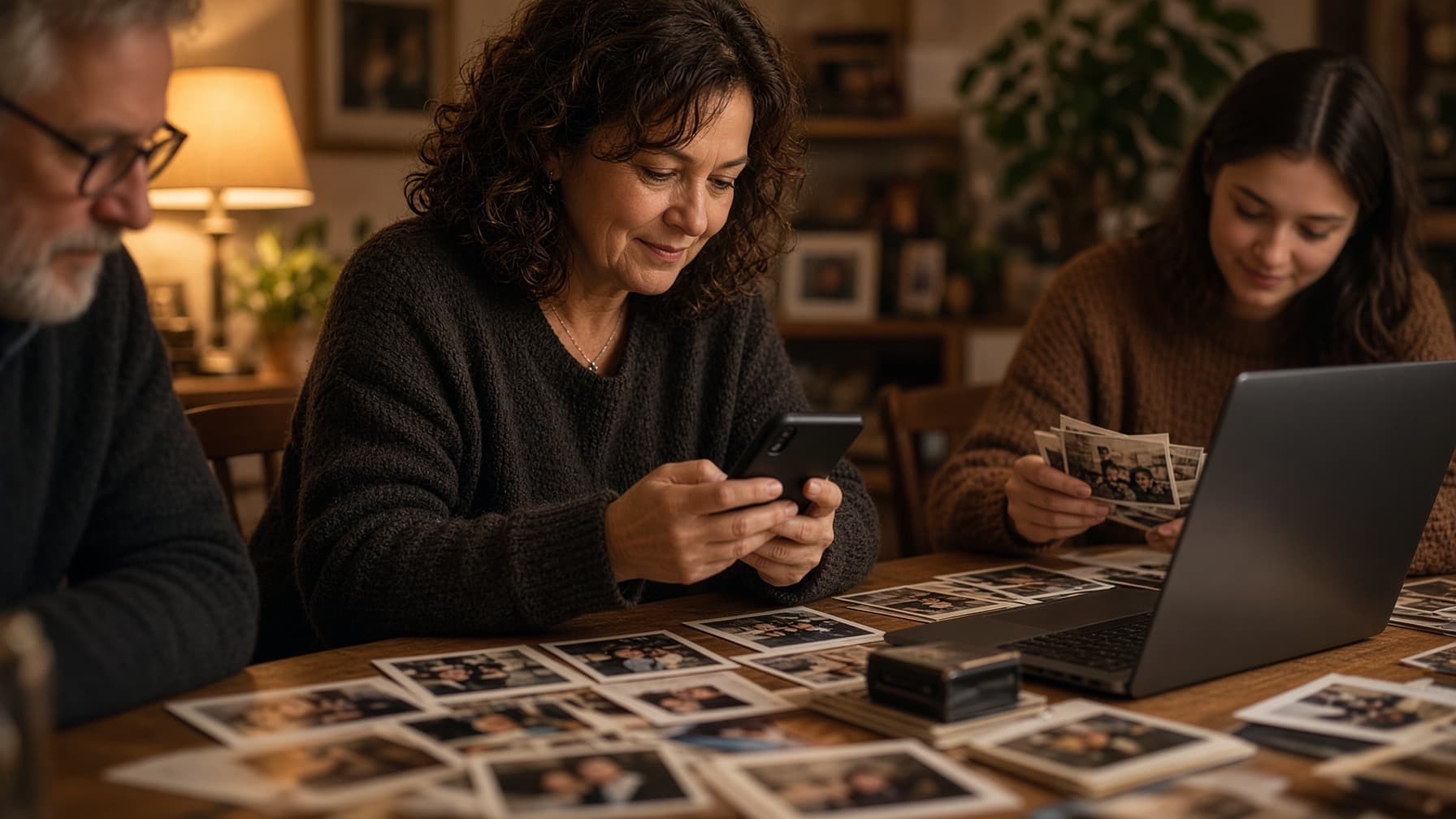 Een vrouw voegt aan tafel foto's toe met haar telefoon, naast stapels oude afdrukken (AI-illustratie)