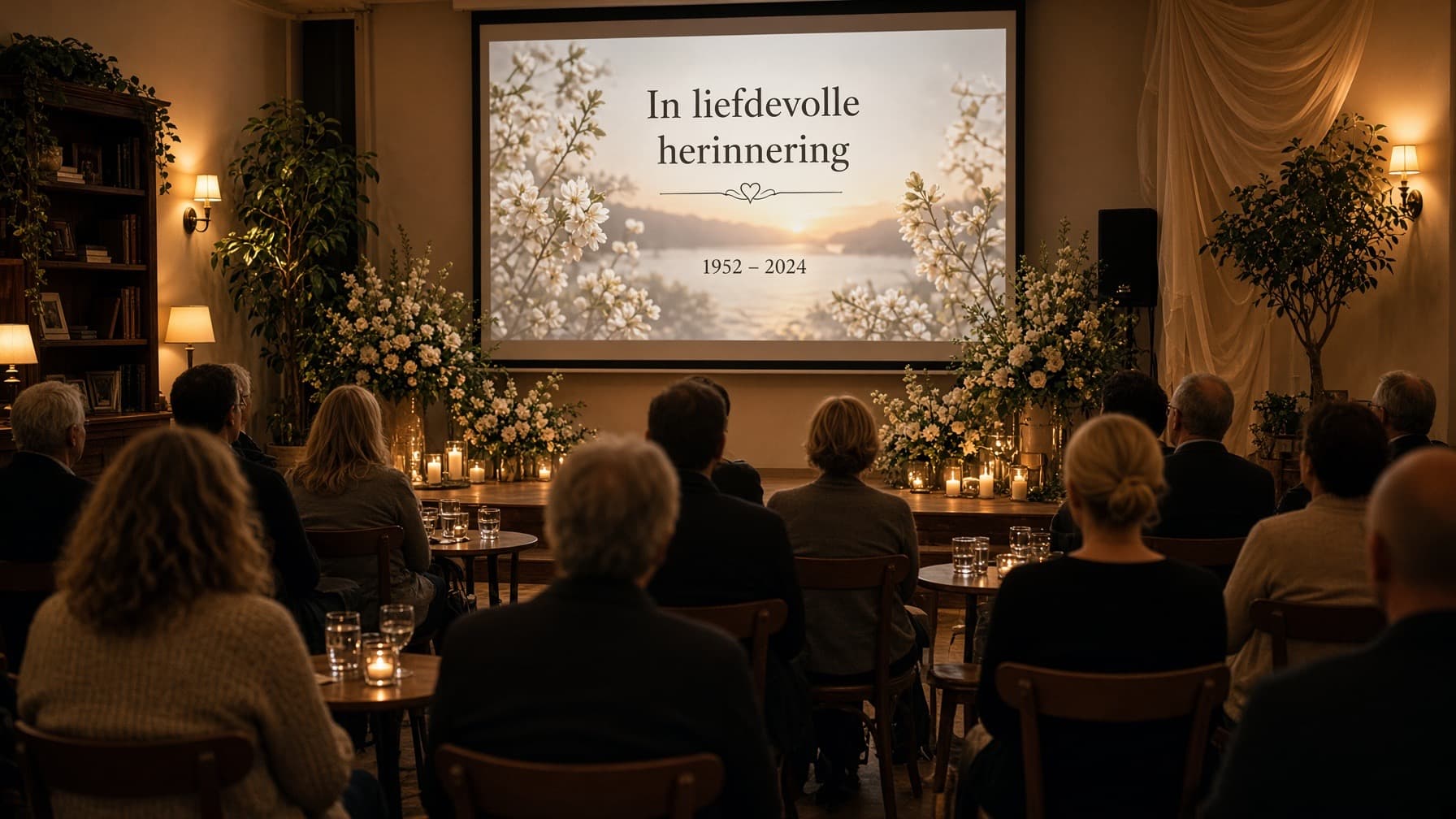 Gasten in een aula kijken naar de presentatie op een groot scherm, omringd door bloemen en kaarsen (AI-illustratie)