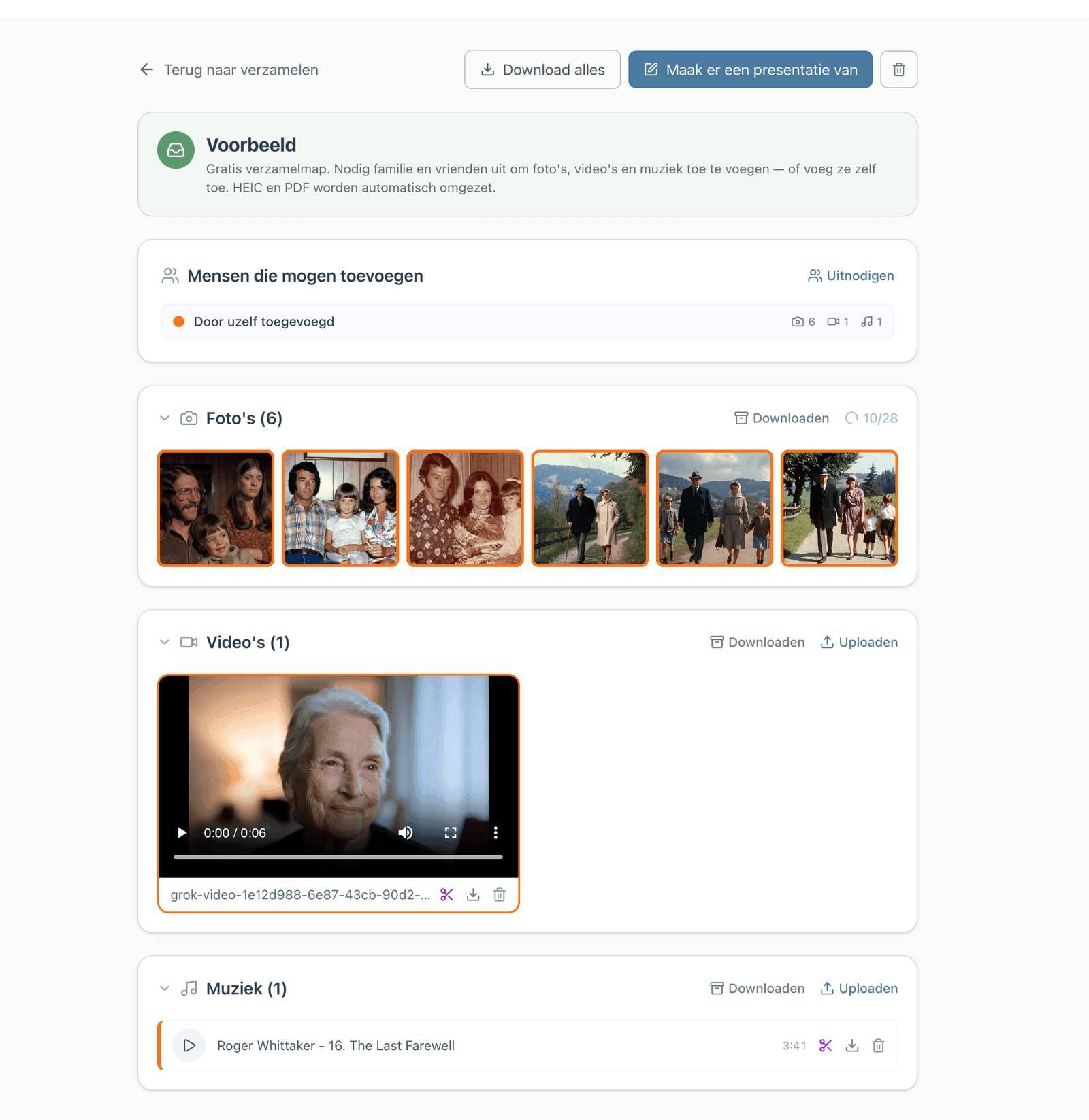 De verzamelmap met foto's, een video en muziek die familie heeft toegevoegd